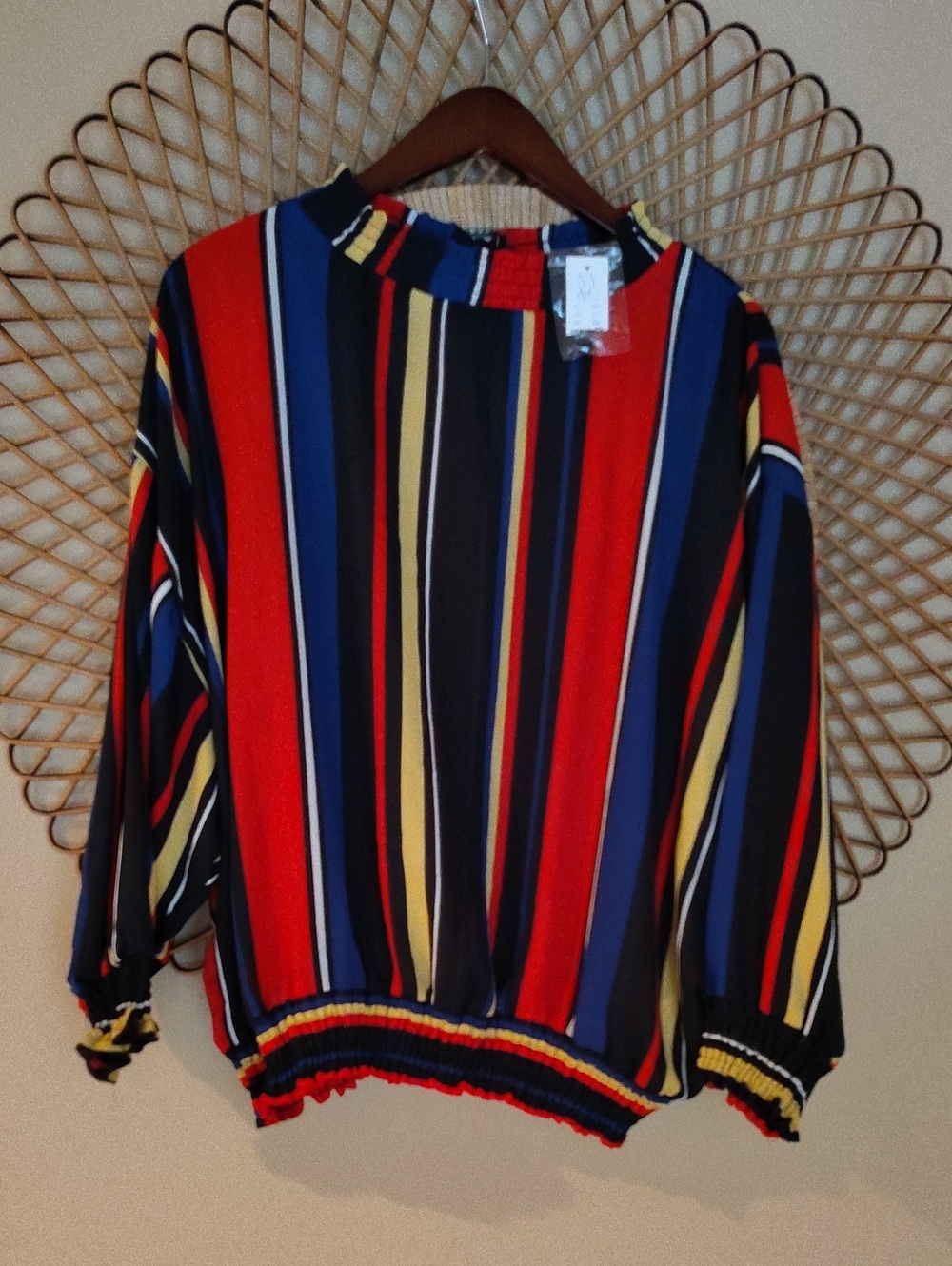 NY & Co High Neck Striped Top Size Large Red Black Blue Yellow